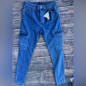 NWT BoohooMAN Men’s Cargo Jeans Size 34 Antique Blue Slim Fit Denim Utility Pant